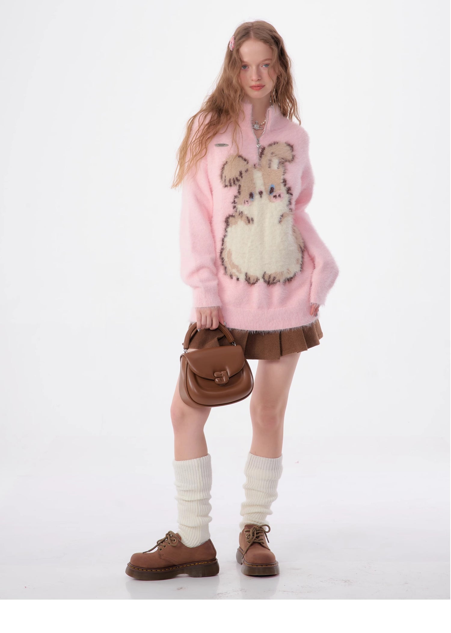 Half-Zip Plush Bunny Pattern Round Neck Knit Sweater