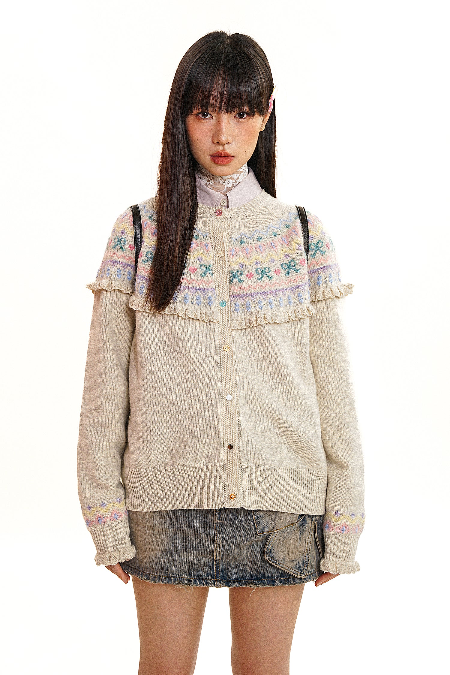 Round Neck Fair Isle Butterfly Pattern Knitted Cardigan