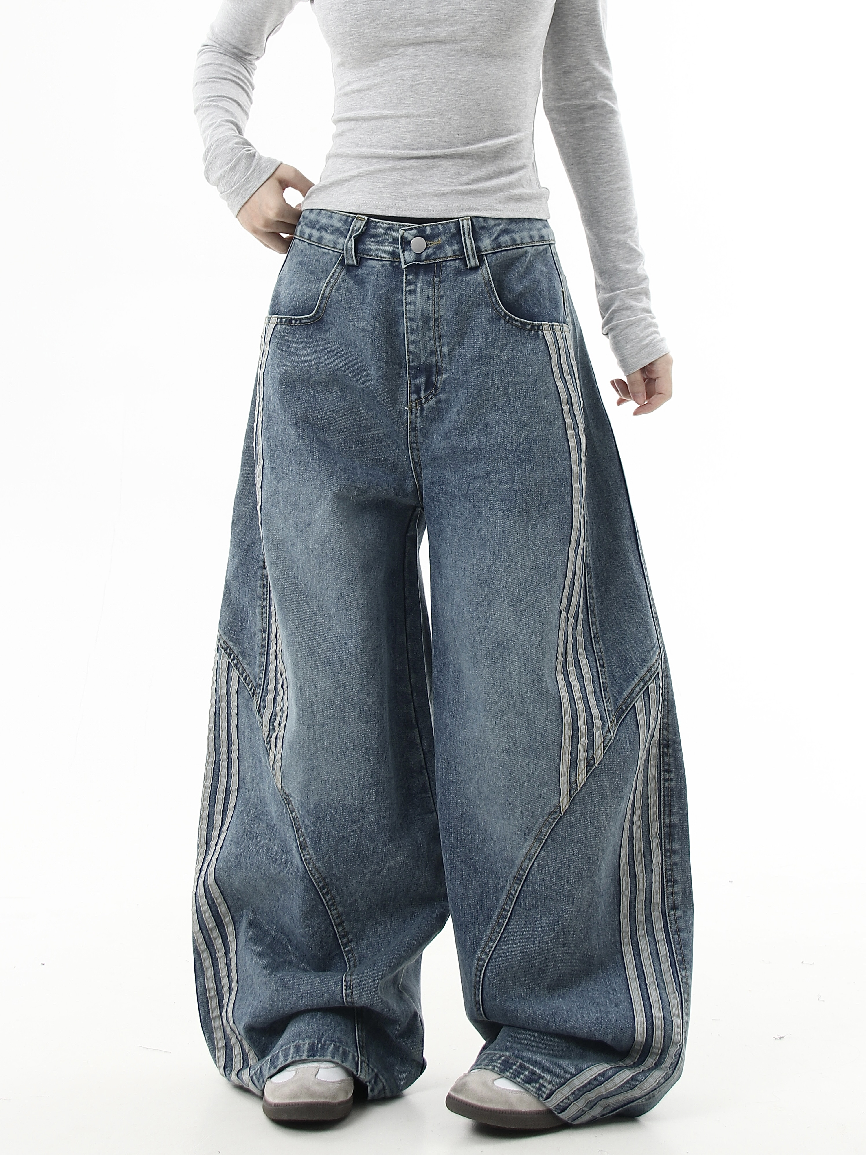 Deconstructed Triple‑Stripe Wide‑Leg Jeans