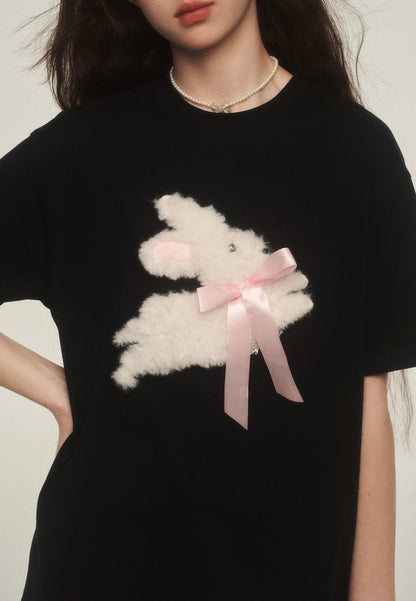 Embroidered Fuzzy Bunny Print Tee