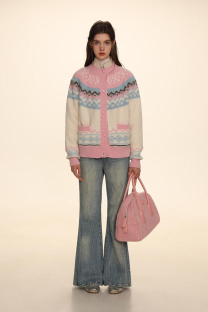 Fair Isle Round-neck Knit Cardigan Sweater