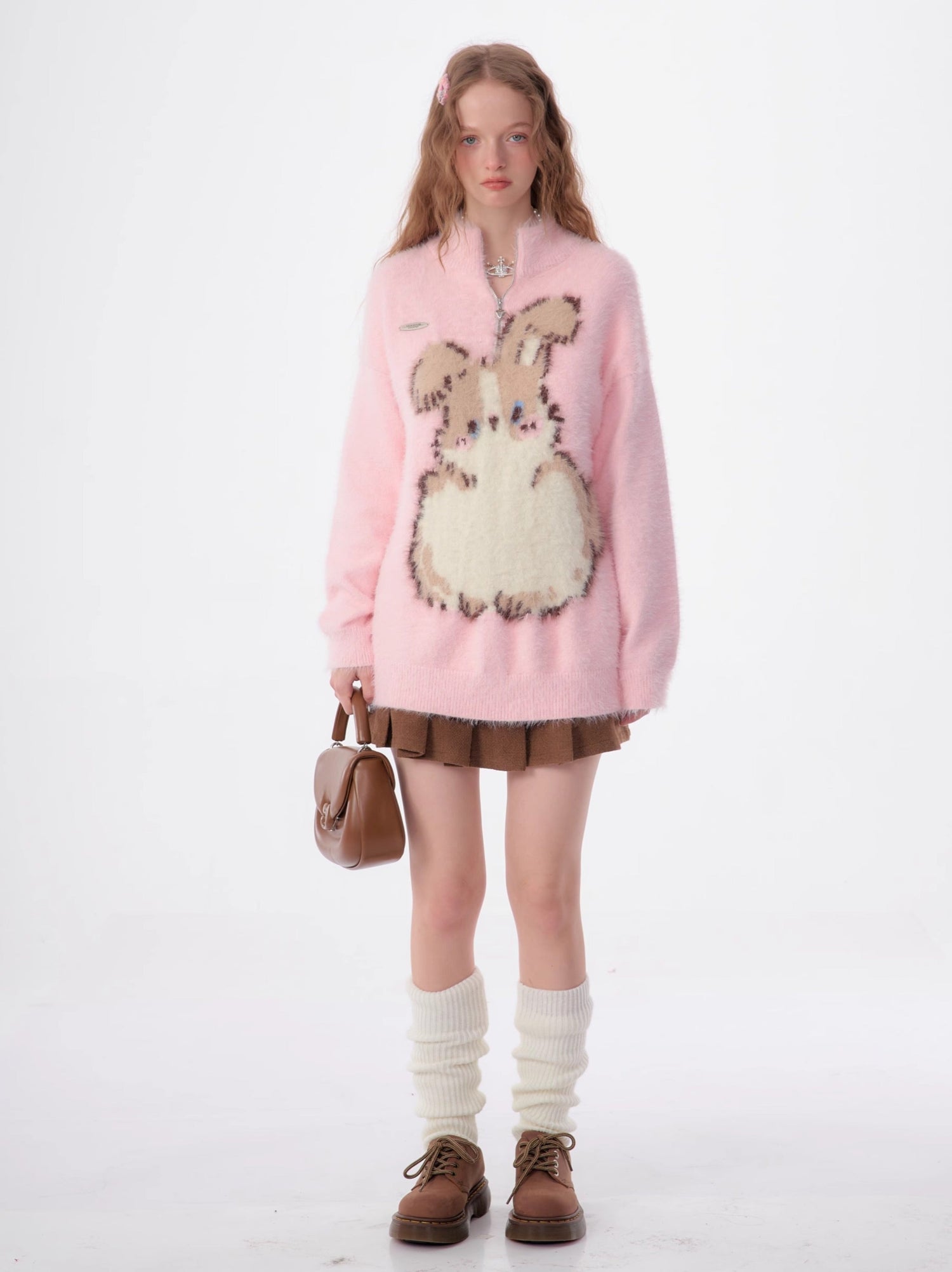 Half-Zip Plush Bunny Pattern Round Neck Knit Sweater