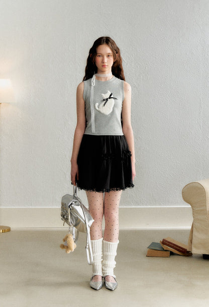 Cat Embroidered Knit Tank Top