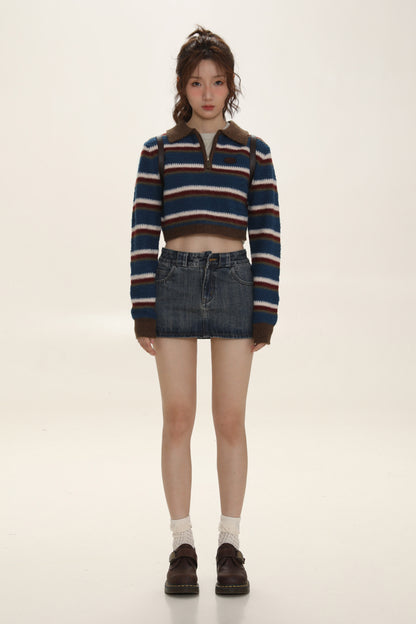 Contrast Stripe Polo Knit Sweater