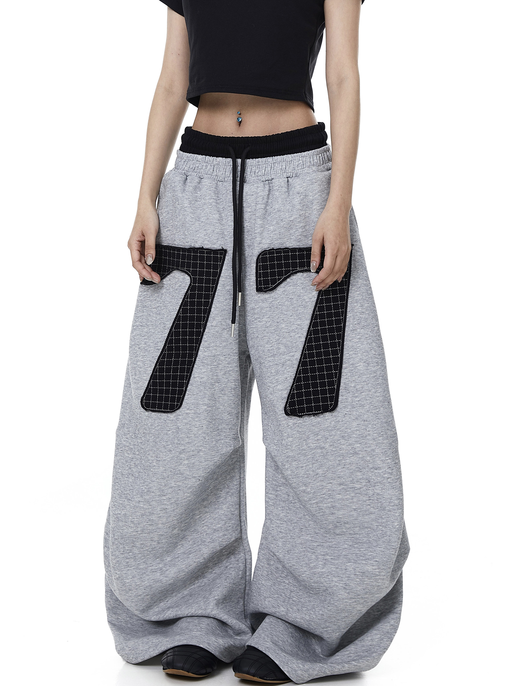 Contrast Patch Embroidered Double Waist Sweatpants