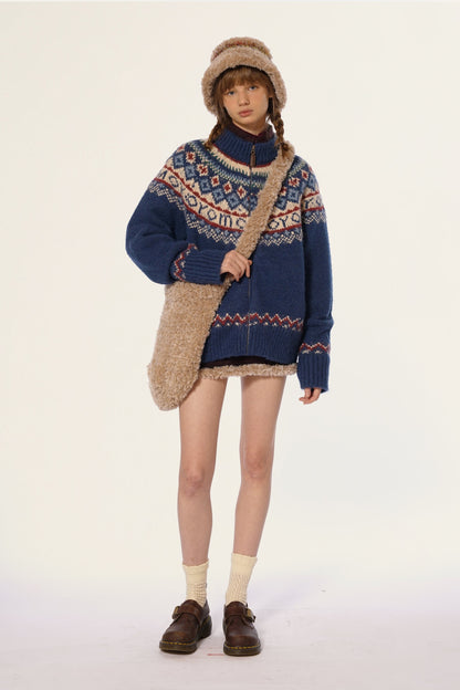 Vintage Turtleneck Fair Isle Knit Cardigan Sweater