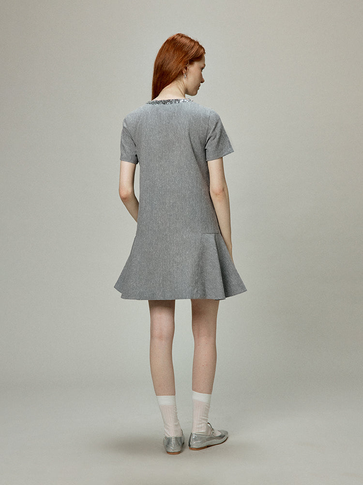 Linen Sequin Trim Tweed-Style Dress