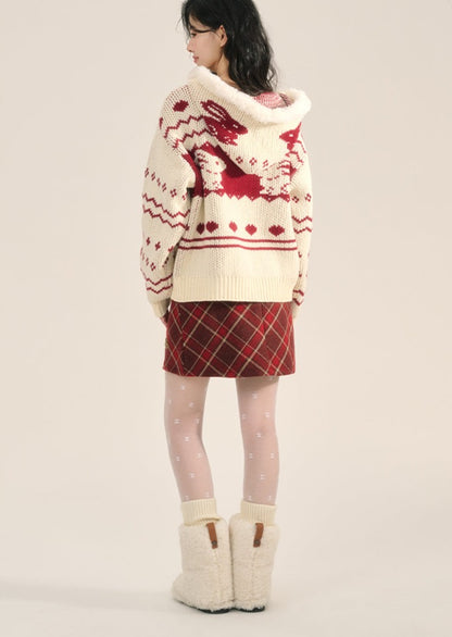 Bunny Pattern Hooded Zip-Up Knit Sweater