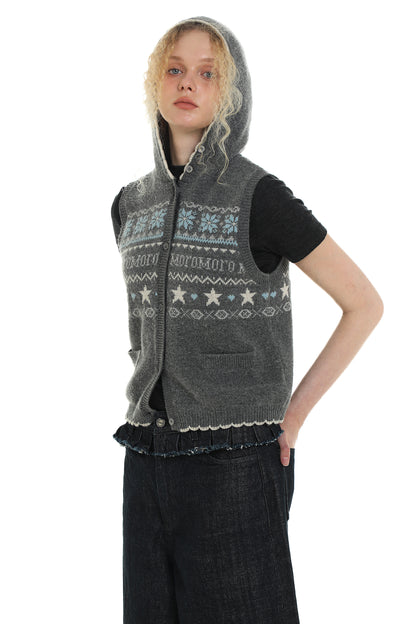 Vintage Fair Isle Star Contrast Trim Hooded Sleeveless Knit Vest