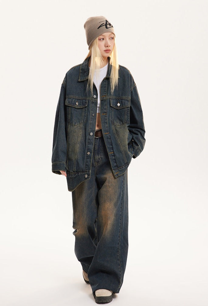 Vintage Turn-down Collar Distressed Denim Jacket