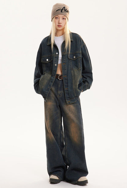 Vintage Turn-down Collar Distressed Denim Jacket