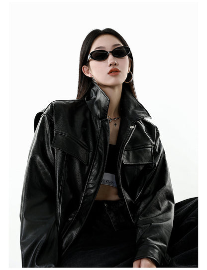 CATTEE Faux Leather Lapel Jacket