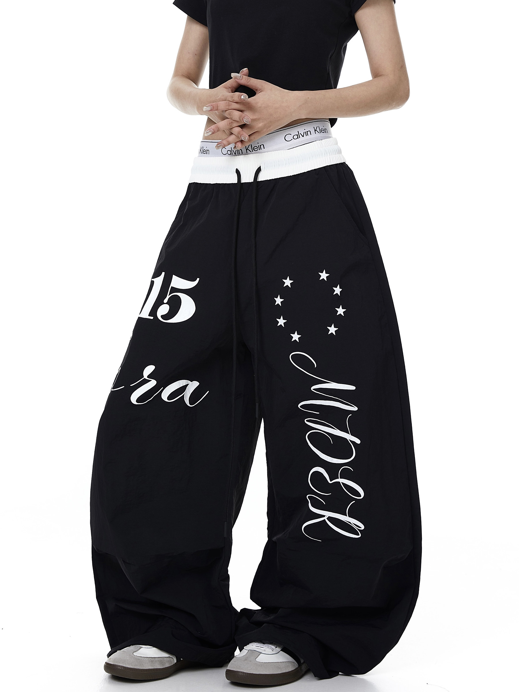 Color-Block Letter Print Parachute Pants