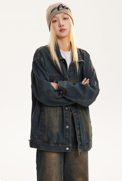 Vintage Turn-down Collar Distressed Denim Jacket