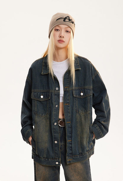 Vintage Turn-down Collar Distressed Denim Jacket