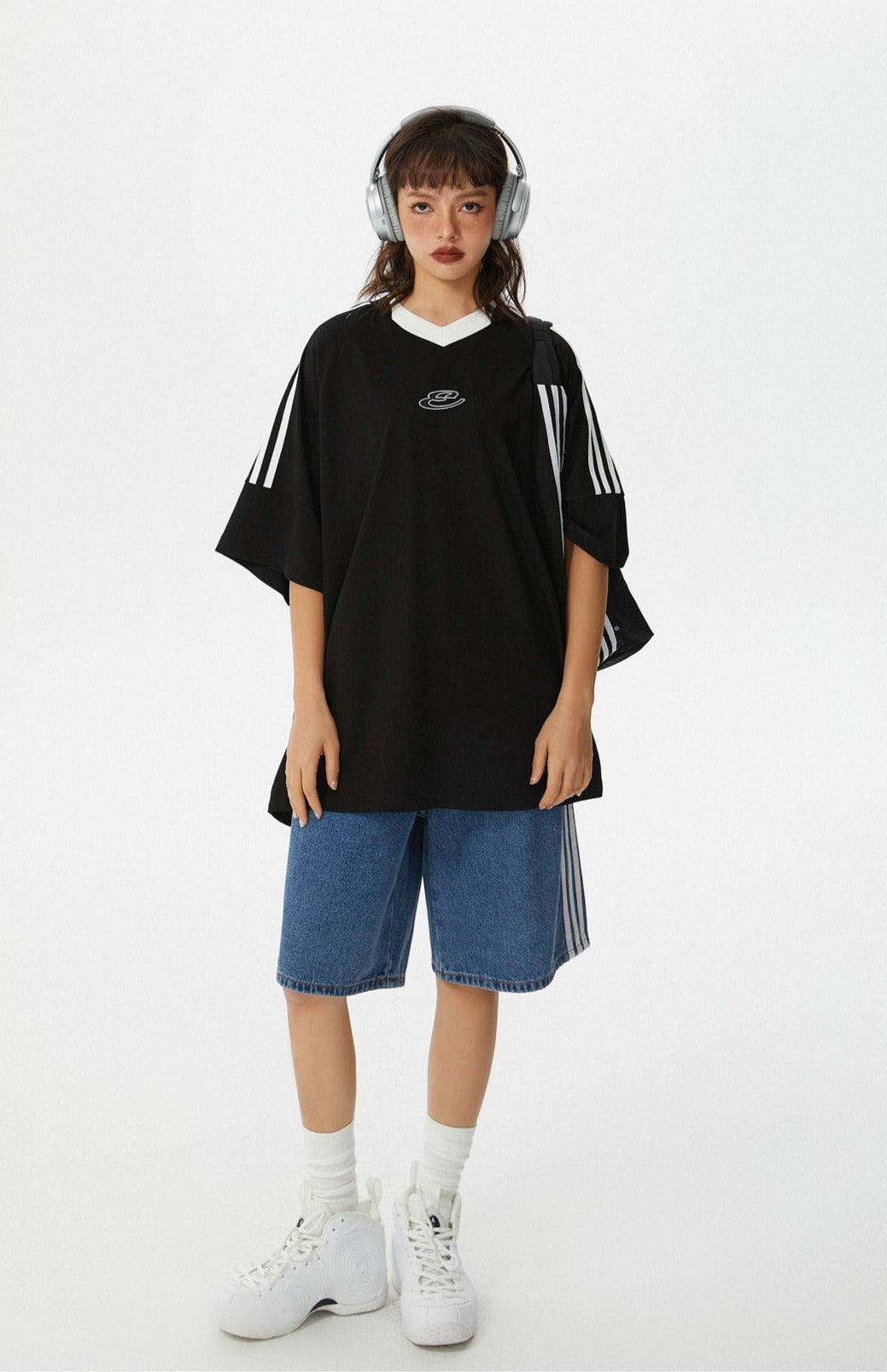 Vintage Triple-Stripe Sleeve Oversized Tee