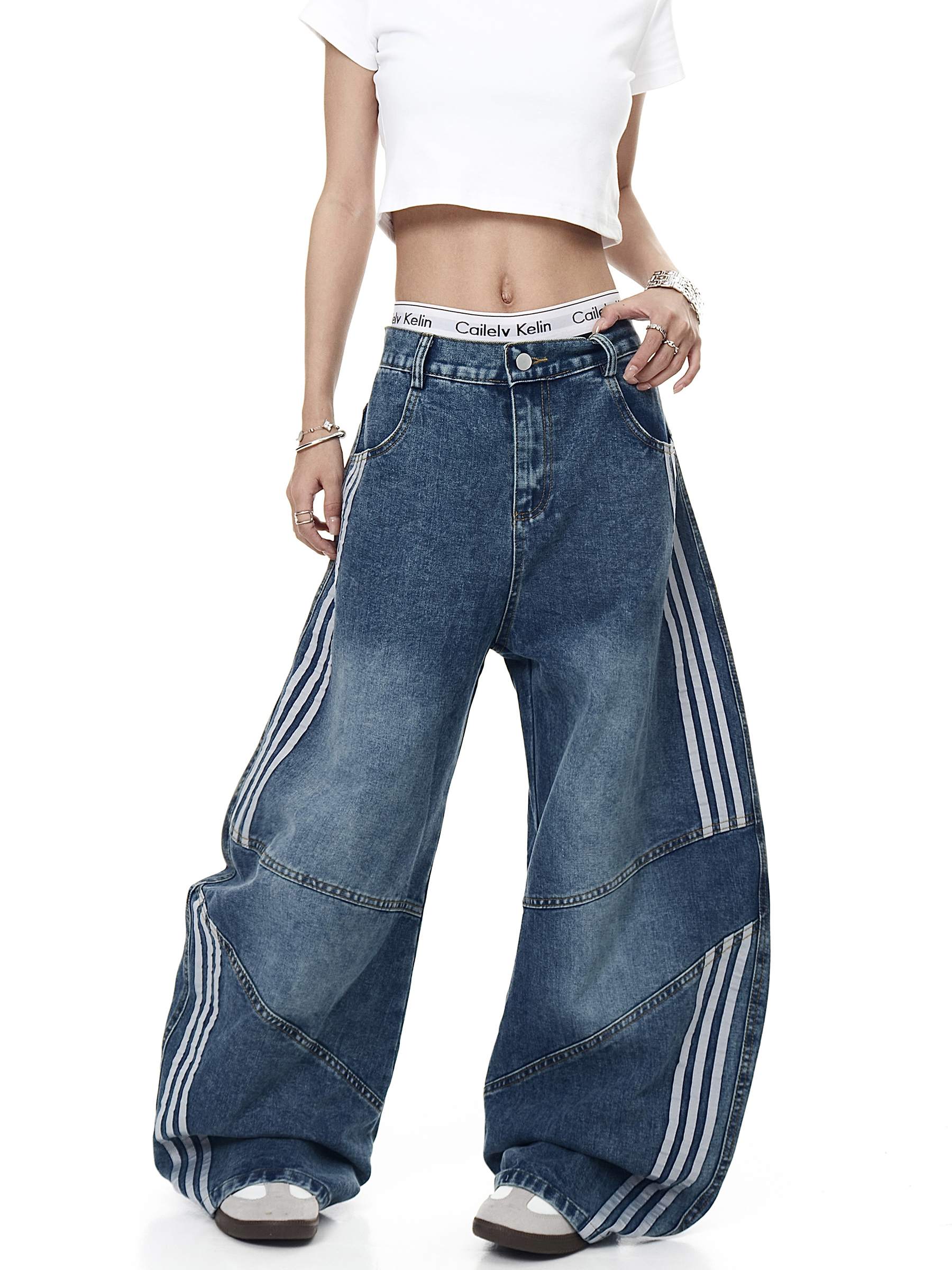 Washed Triple‑Stripe Deconstructed Wide‑Leg Jeans