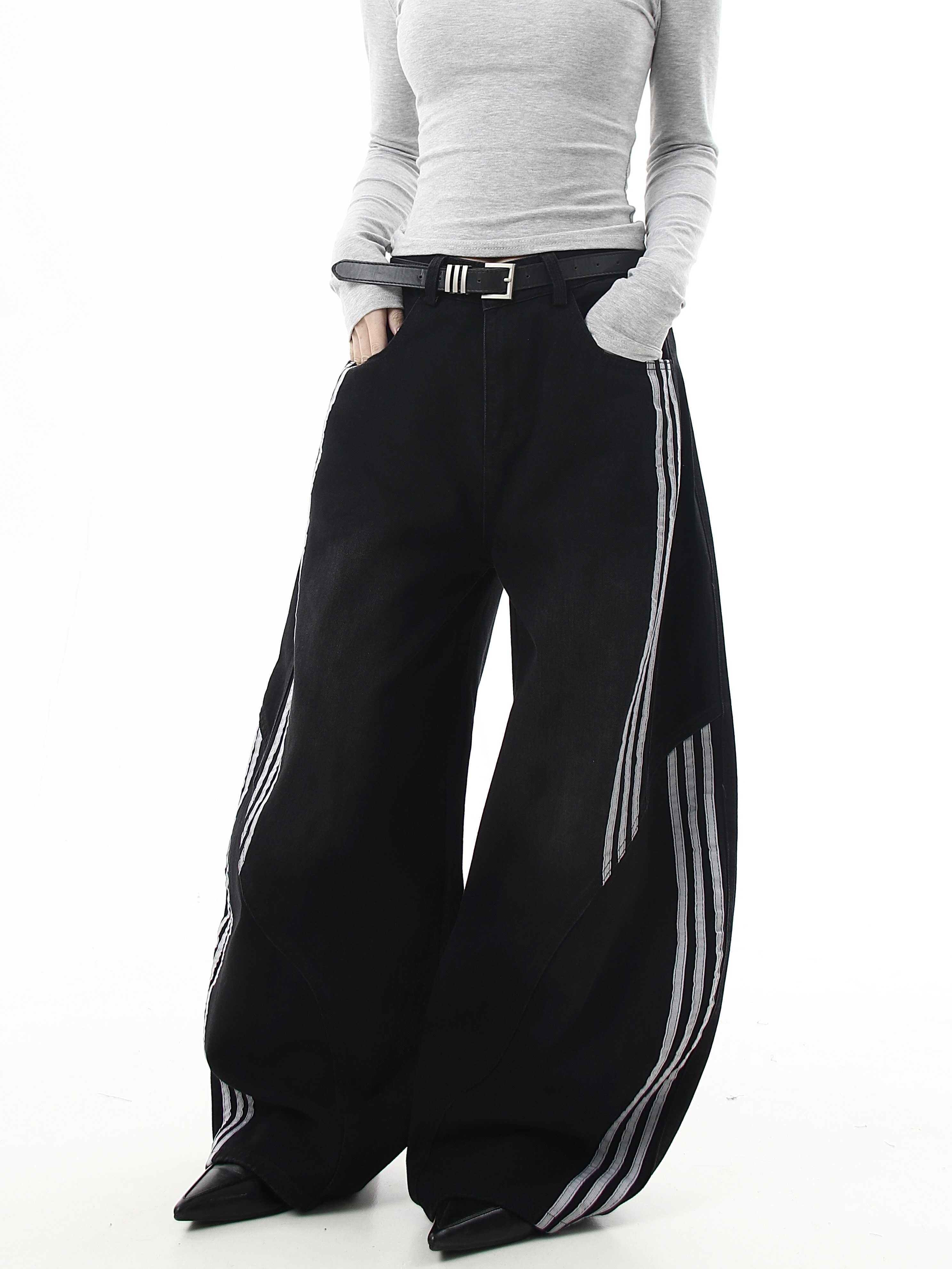 Deconstructed Triple‑Stripe Wide‑Leg Jeans
