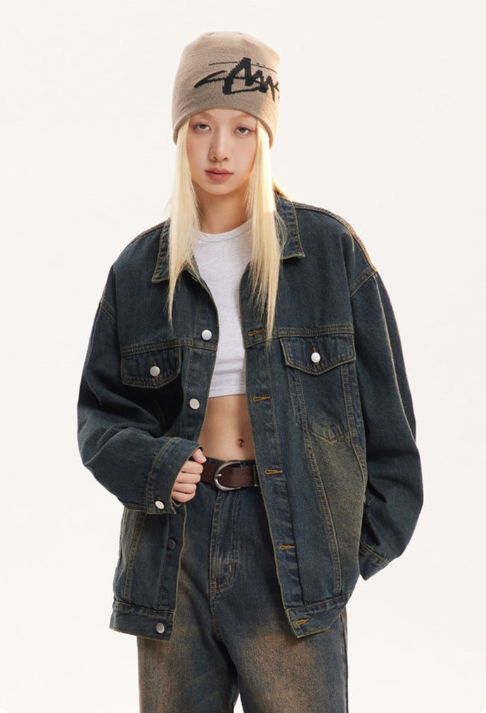 Vintage Turn-down Collar Distressed Denim Jacket