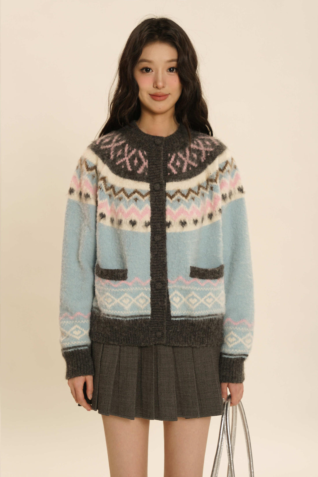 Fair Isle Round Neck Knit Cardigan Sweater