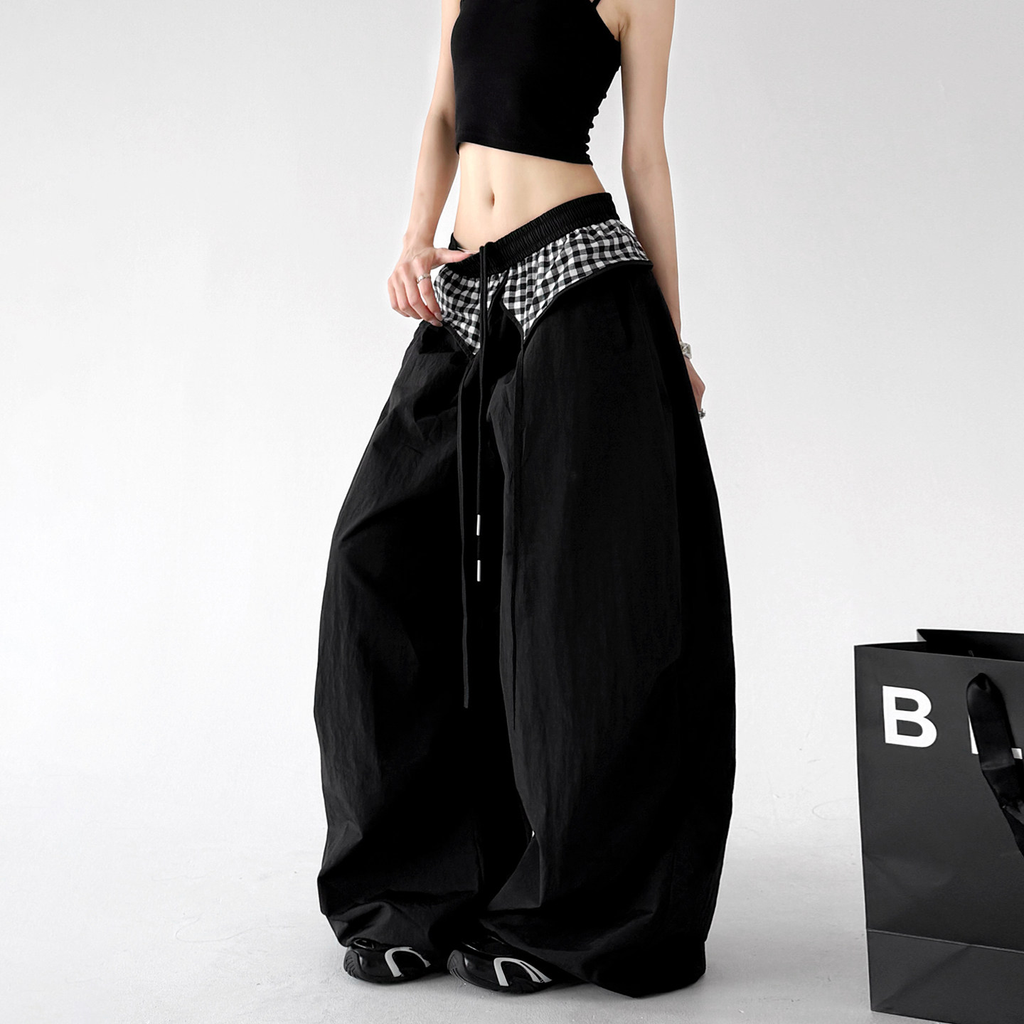 Gingham Layered Wide-Leg Parachute Pants - CT583