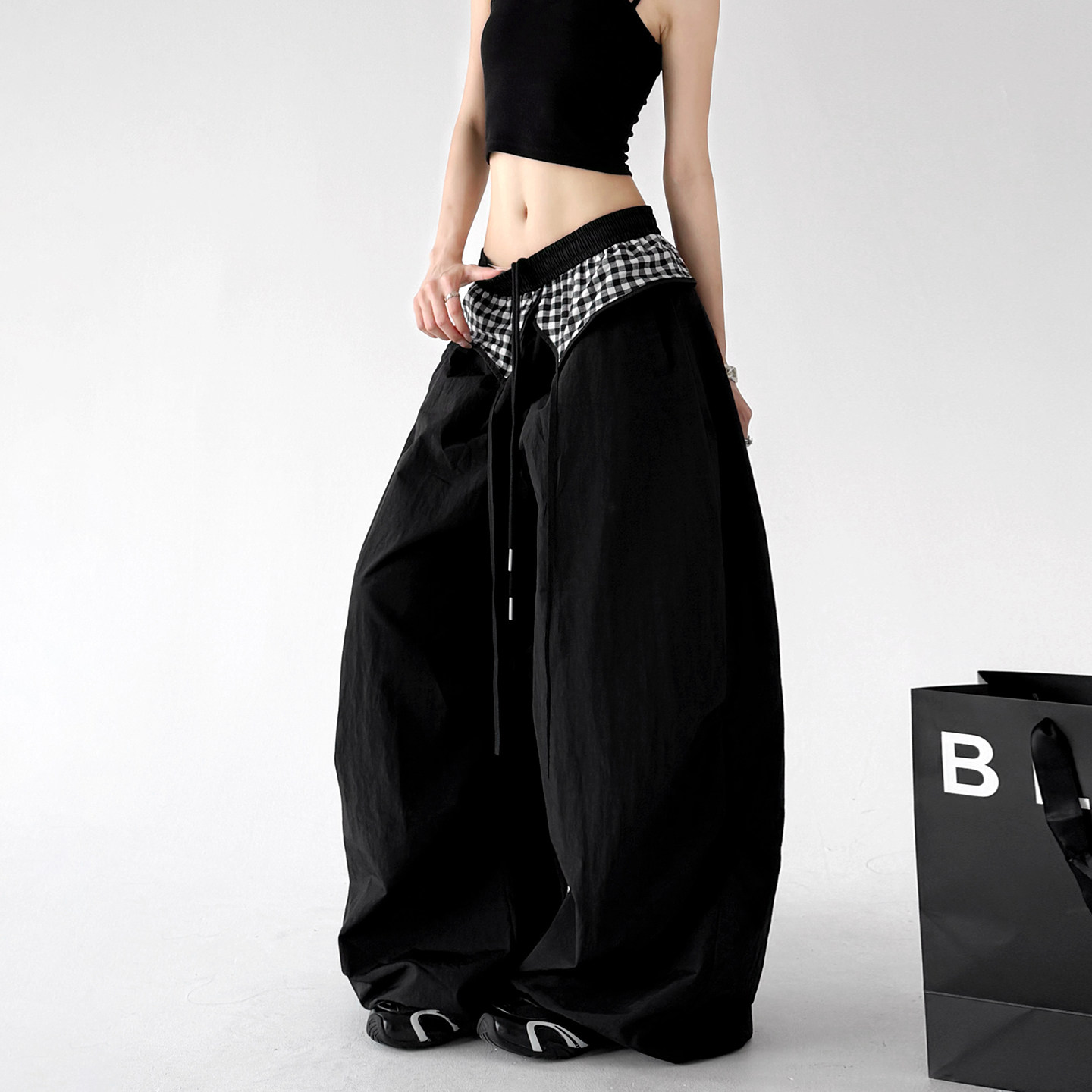 Gingham Layered Wide-Leg Parachute Pants - CT583