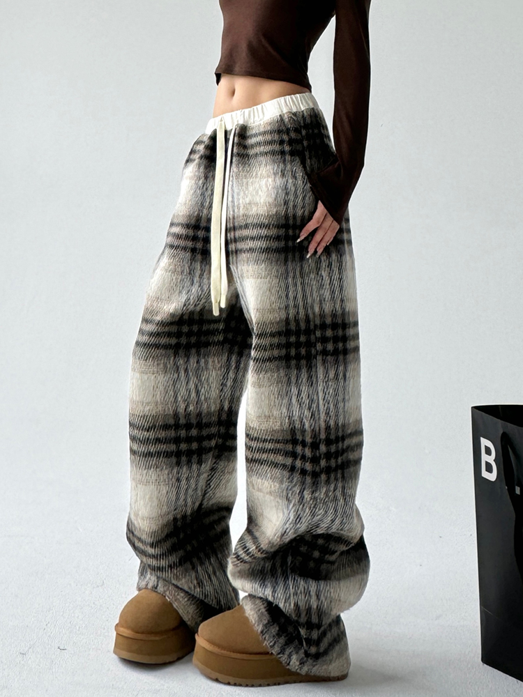 Plaid Fleece-Lined Wide-Leg Pants
