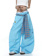 Plaid Belt Layered Badge Parachute Cargo Pants