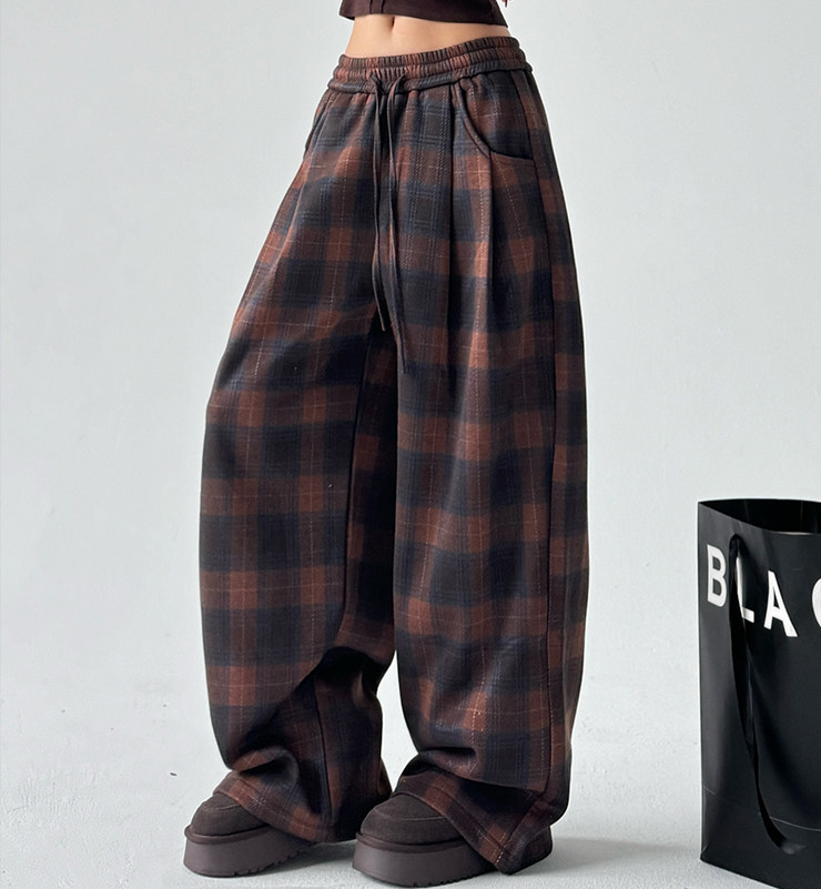 Vintage Plaid Fleece-Lined Wide-Leg Pants