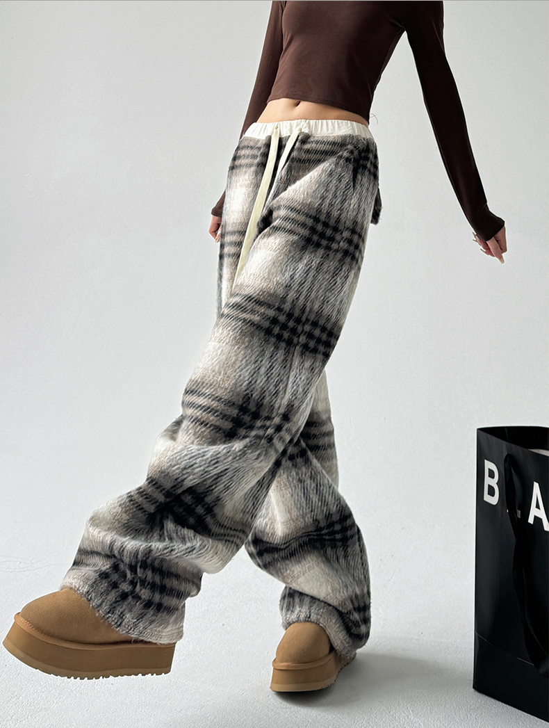 Plaid Fleece-Lined Wide-Leg Pants