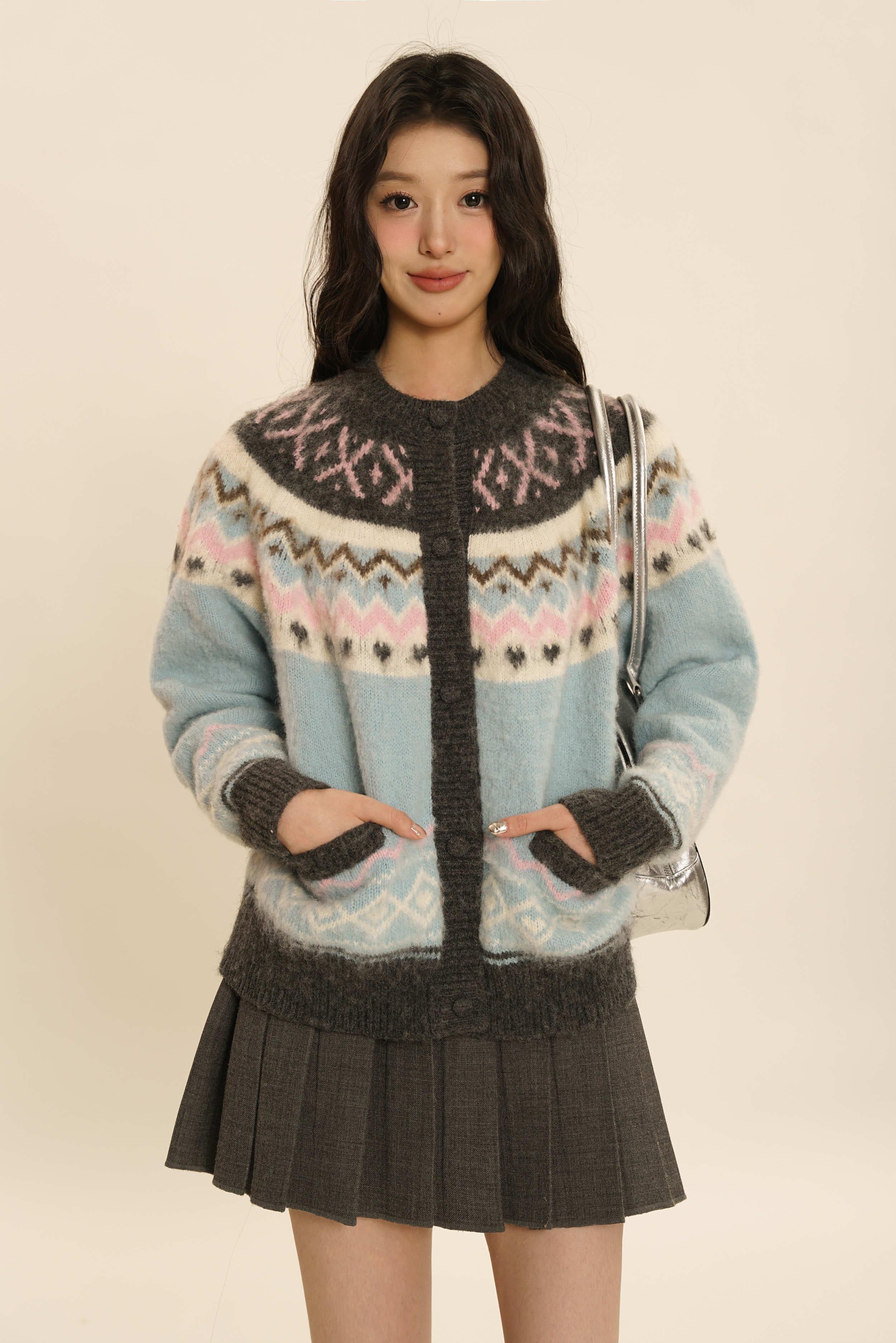 Fair Isle Round-neck Knit Cardigan Sweater