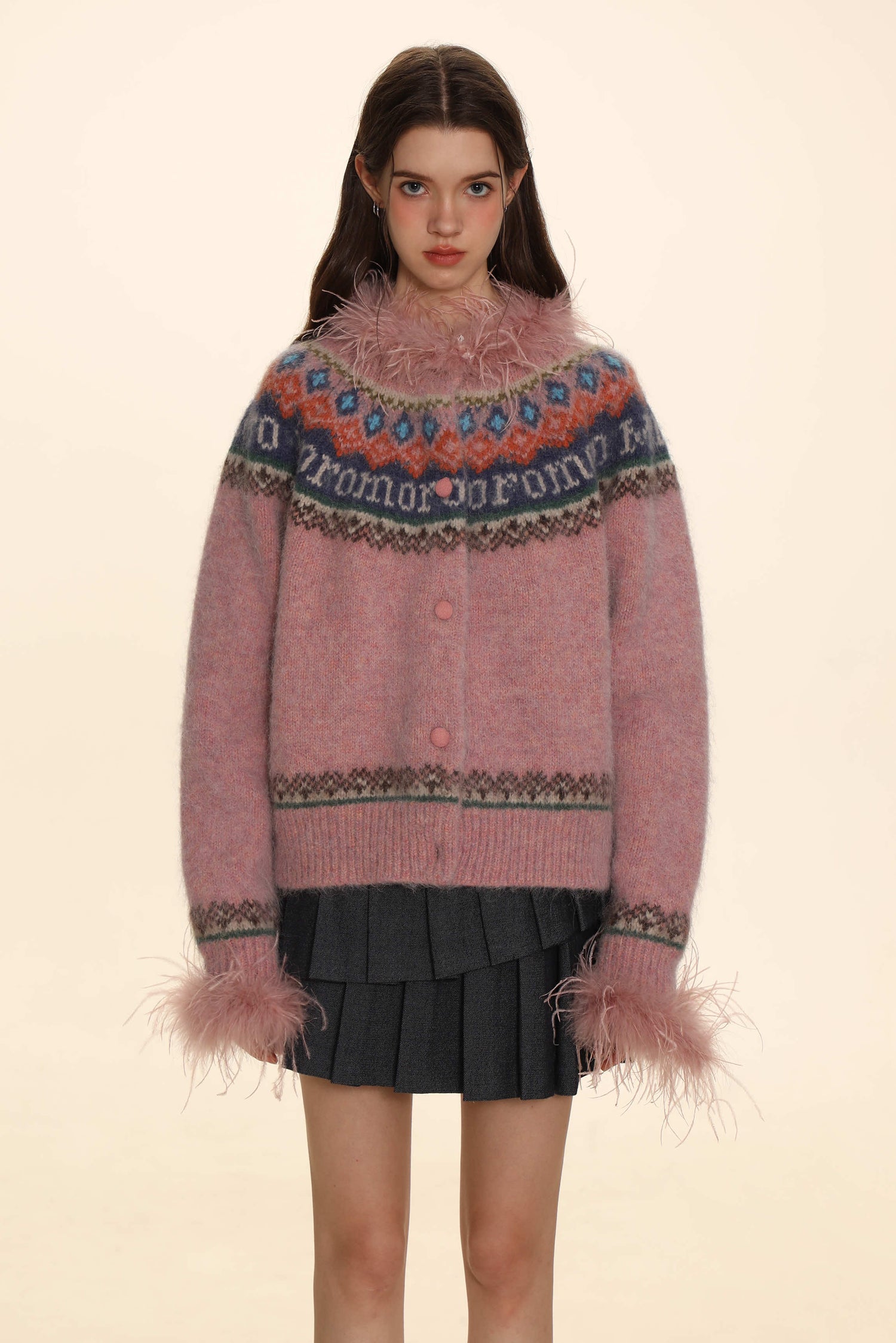 Retro Ostrich Feather Patchwork Round Neck Knitted Cardigan