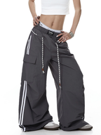 Rope-Waist Contrast Stripe Parachute Cargo Pants