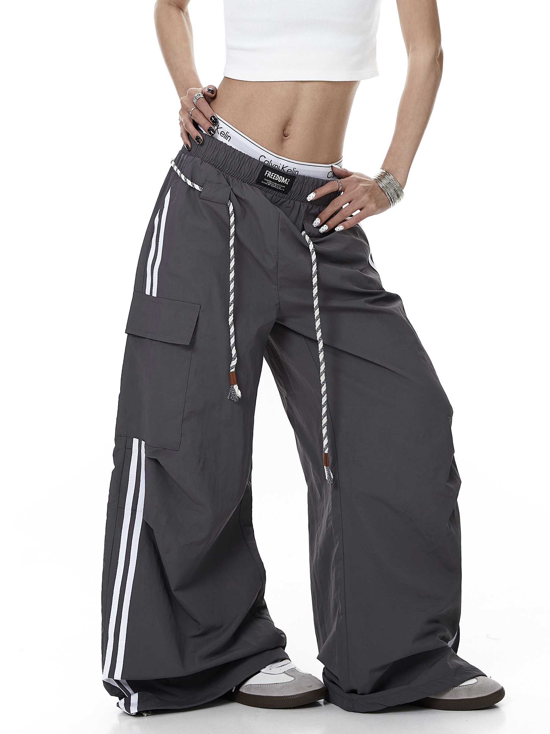 Rope-Waist Contrast Stripe Parachute Cargo Pants