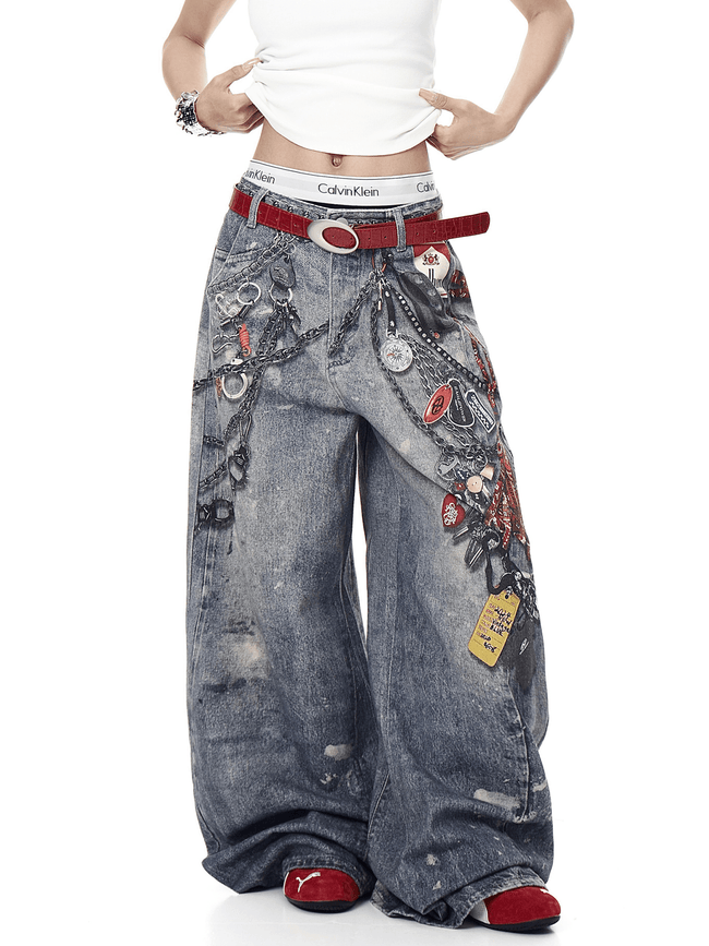 3D Chain Print Wide-Leg Denim Main Image
