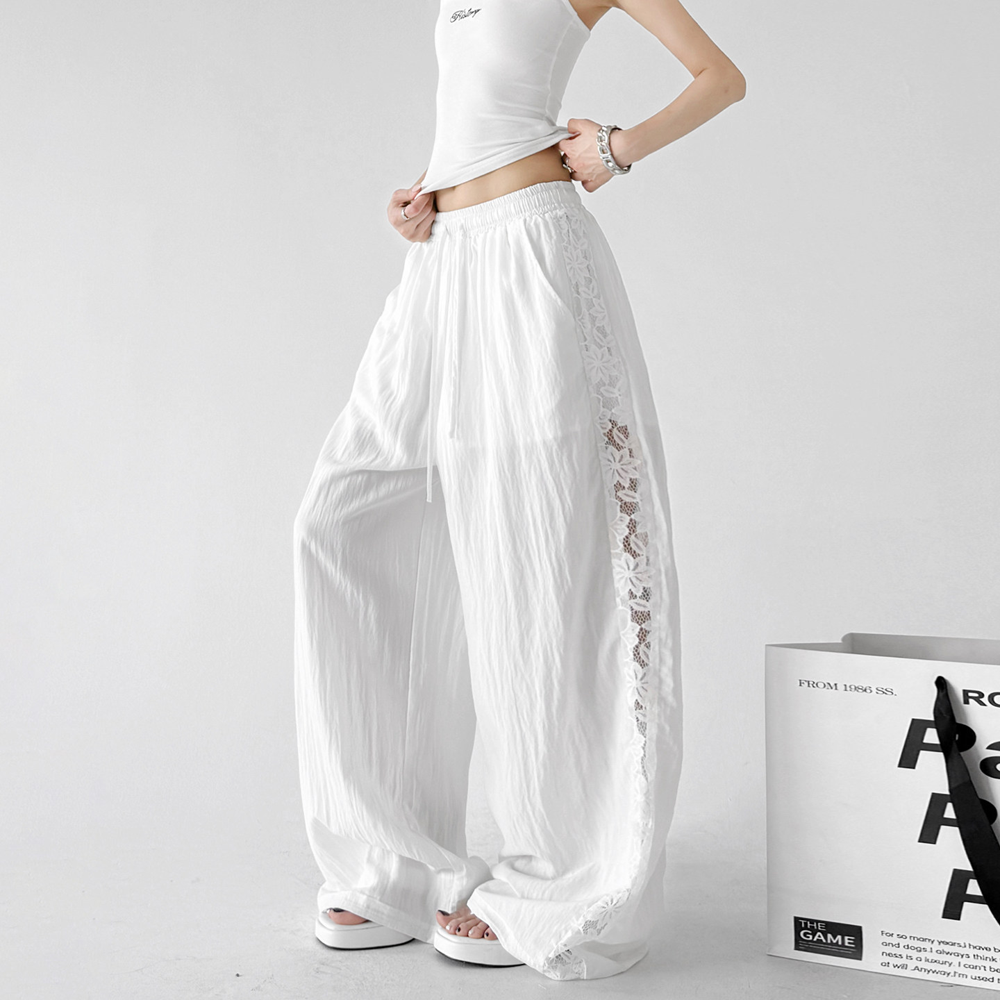 Linen-Blend Lace Panel Wide-Leg Pants - CT6218 Secondary image