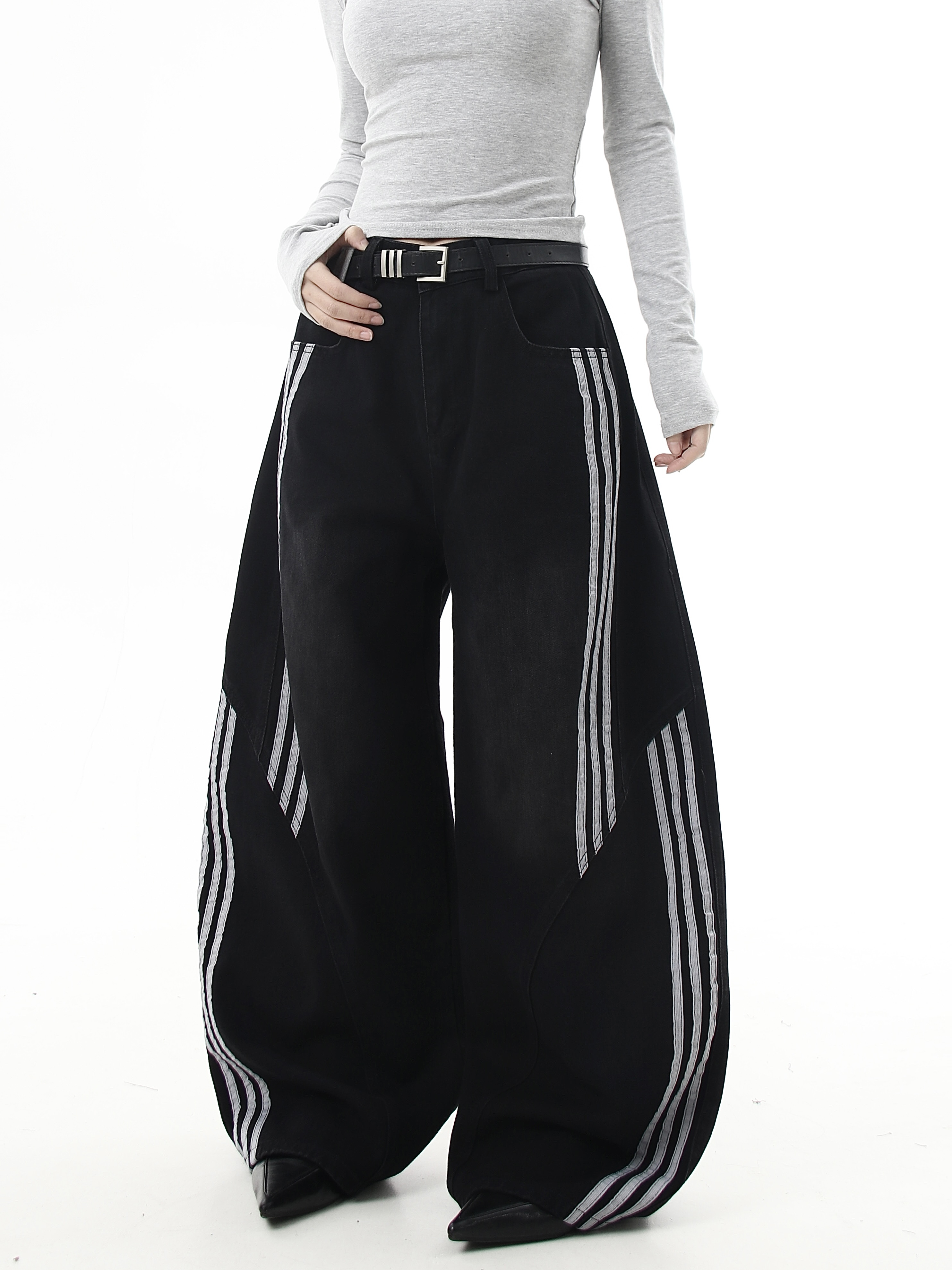 Deconstructed Triple‑Stripe Wide‑Leg Jeans