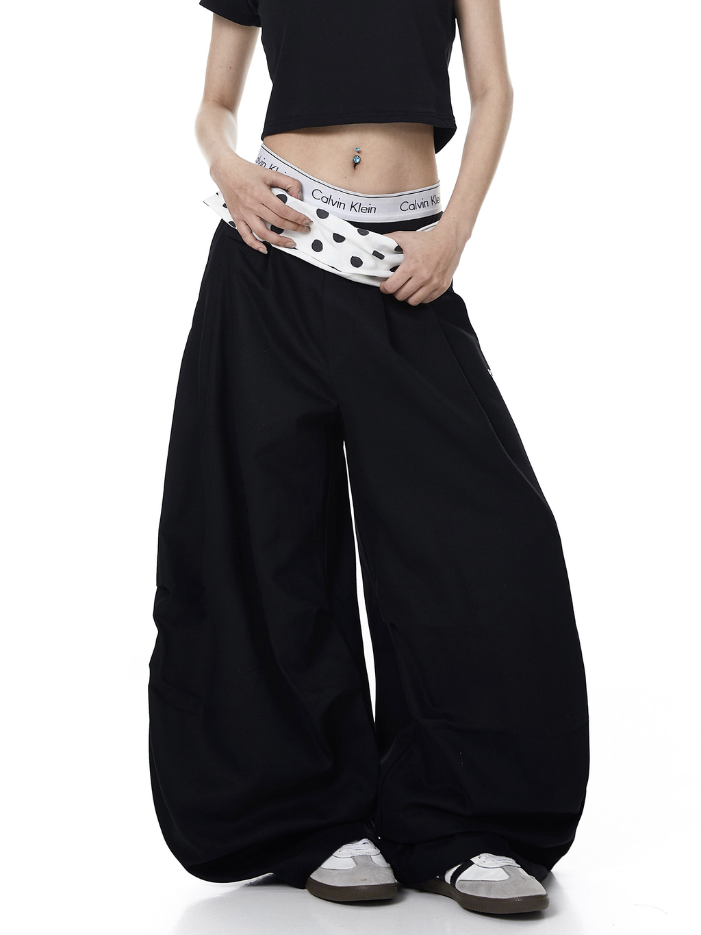 Polka Dot Fold-Over Waist Parachute Pants