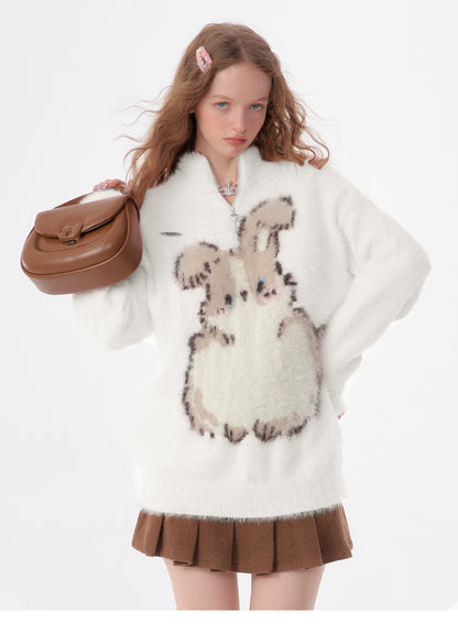 Half-Zip Plush Bunny Pattern Round Neck Knit Sweater