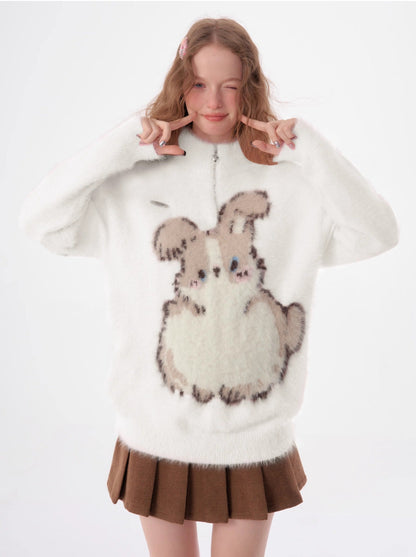 Half-Zip Plush Bunny Pattern Round Neck Knit Sweater