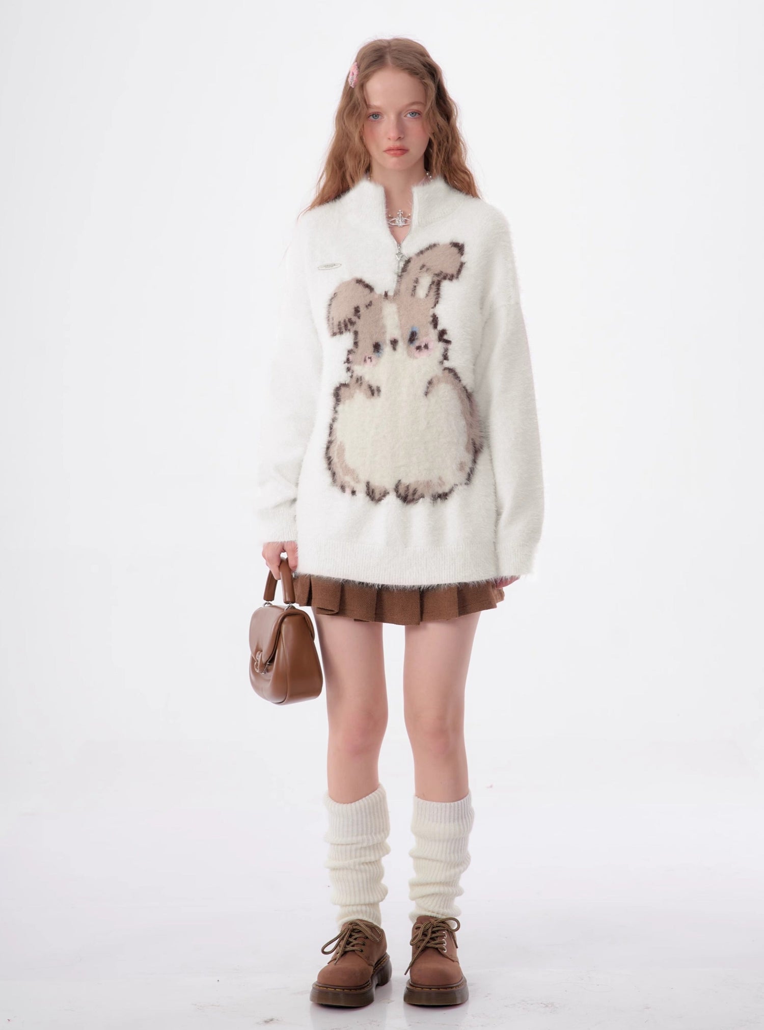 Half-Zip Plush Bunny Pattern Round Neck Knit Sweater