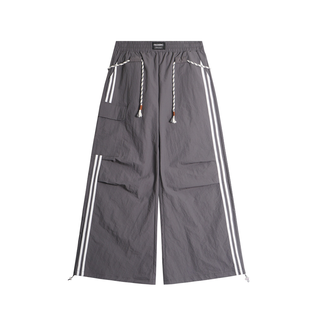 Rope-Waist Contrast Stripe Parachute Cargo Pants