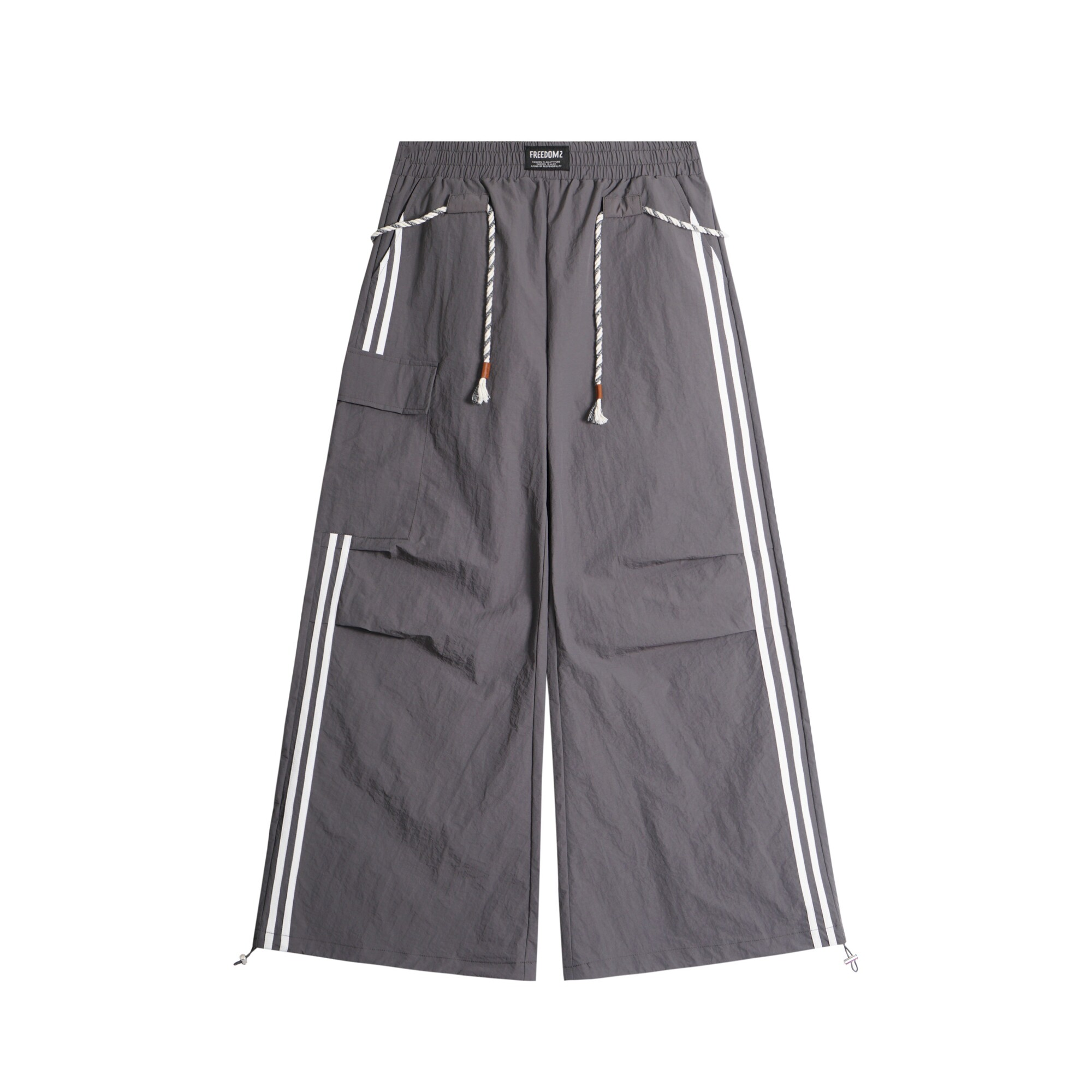 Rope-Waist Contrast Stripe Parachute Cargo Pants