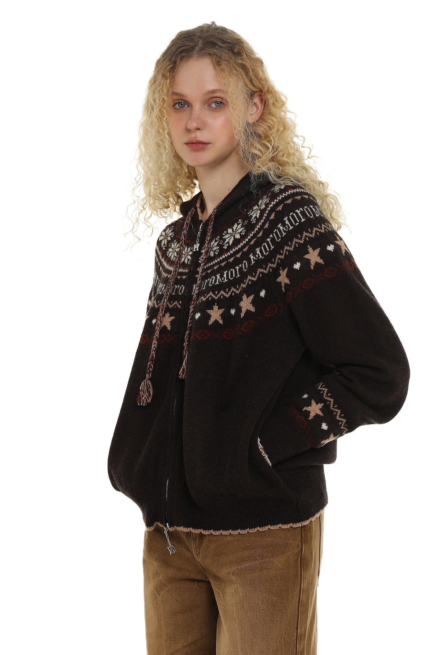 Vintage Star and Snowflake Pattern Fair Isle Knit Cardigan Hooded Sweater