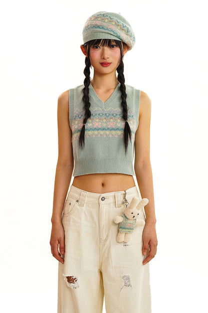 Butterfly Pattern V-Neck Knit Vest