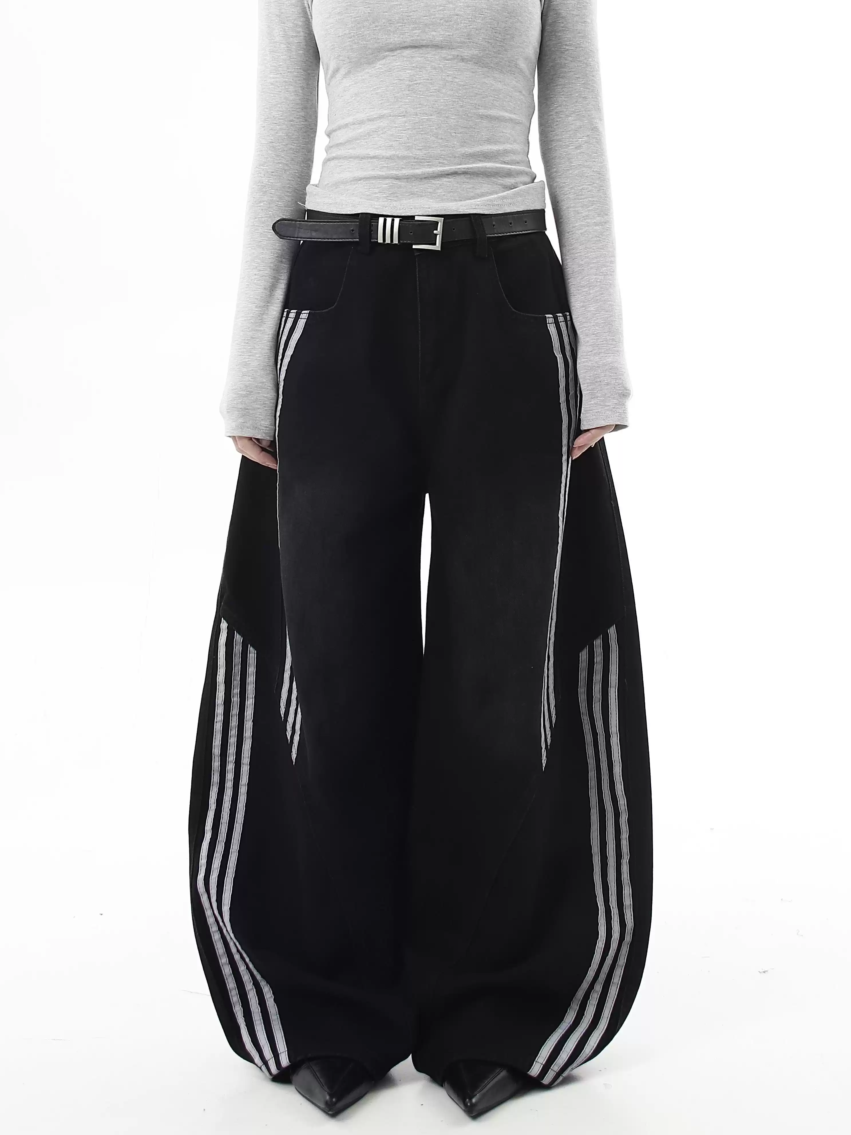 Deconstructed Triple‑Stripe Wide‑Leg Jeans