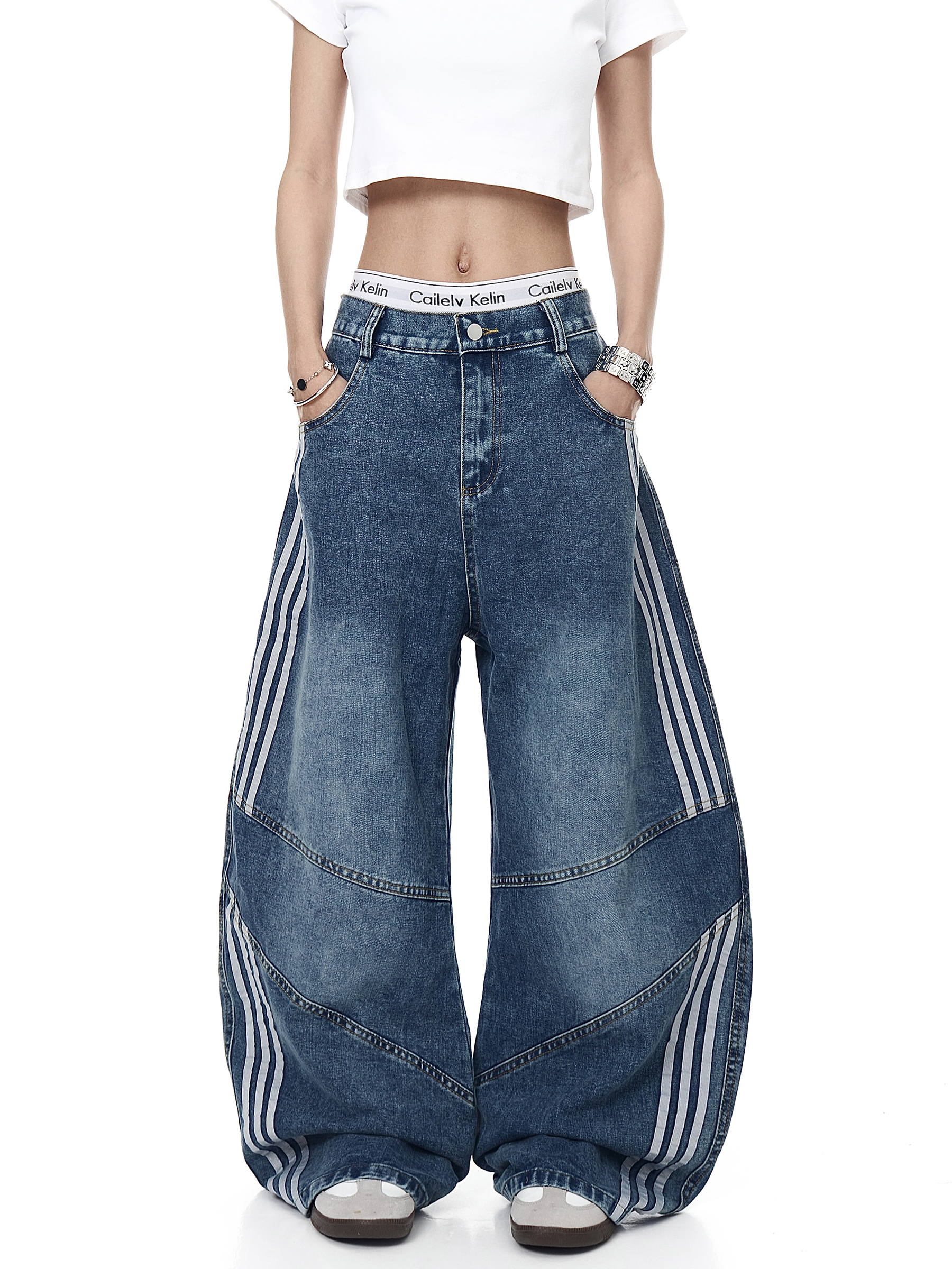 Washed Triple‑Stripe Deconstructed Wide‑Leg Jeans