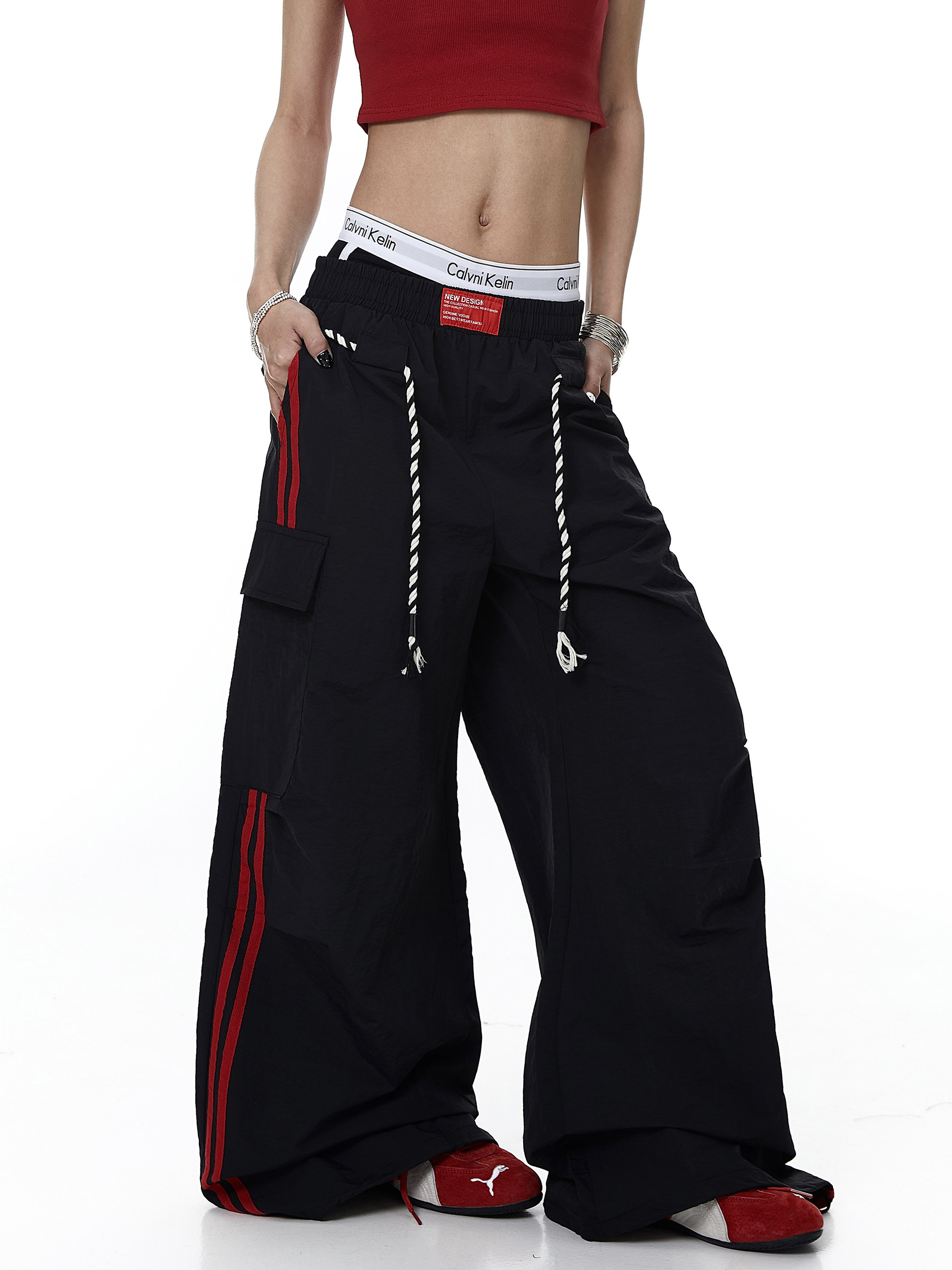Rope-Waist Contrast Stripe Parachute Cargo Pants