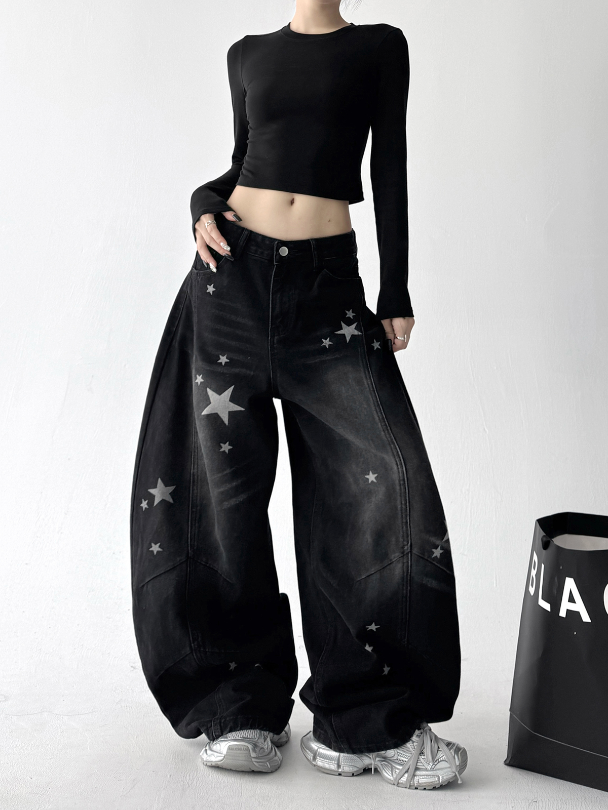 Star Graphic Washed Wide‑Leg Jeans