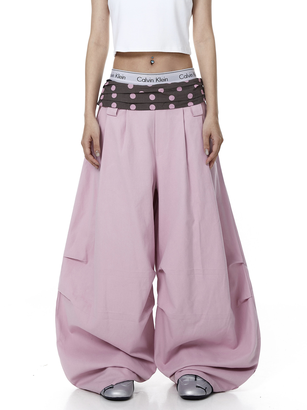 Polka Dot Fold-Over Waist Parachute Pants